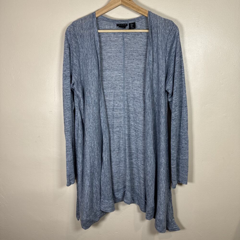 TAHARI Womens Cardigan 100% Linen Long Knit M Coastal Lagenlook Blue Beach Chic